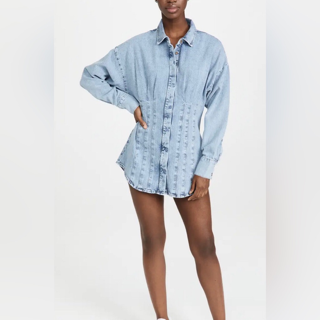 Good American Seamed Long Sleeve Denim Shirtdress